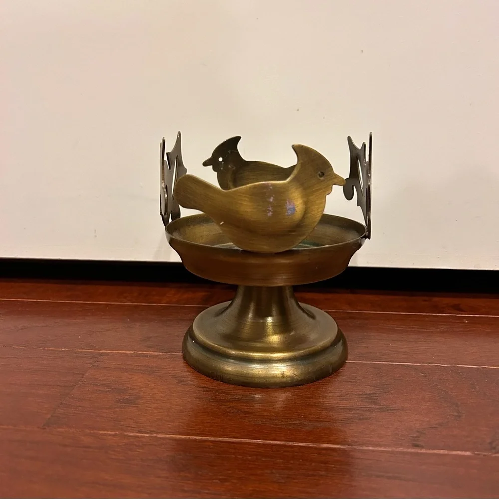 Vintage Brass Birds Flower Pedestal Decorative Tray Candle Holder Cutout Rim